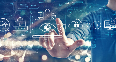 Data Privacy concept with a man on blurred city background