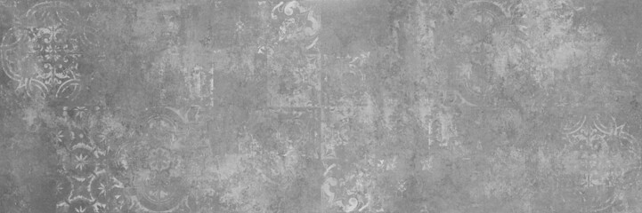 Old gray grey vintage worn geometric shabby mosaic ornate patchwork motif porcelain stoneware tiles stone concrete cement wall texture background banner panorama