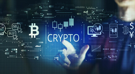 Crypto Trading theme with young man touching a digital screen at night