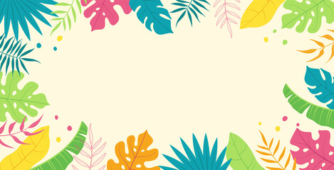 Summer abstract background and banner with exotic jungle leaves, palm leaves. Colorful, bright and fun design in the style of Hello summer.