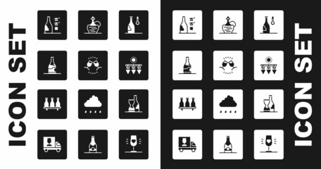 Set Wine temperature, tasting, degustation, Bottle of wine, Drying grapes, italian fiasco bottle, and icon. Vector