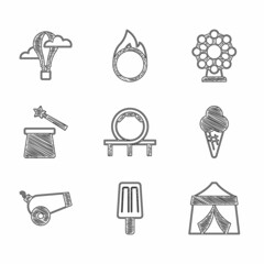 Set Roller coaster, Ice cream, Circus tent, in waffle cone, Cannon, Magic hat and wand, Ferris wheel and Hot air balloon icon. Vector