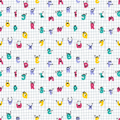 Fototapeta premium Alphabet letters with hands and eyes seamless pattern on grid distorted background. Perfect for T-shirt, textile and print. Doodle illustration for decor and design.