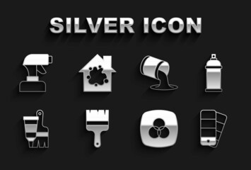 Set Paint brush, spray can, Color palette guide, RGB and CMYK color mixing, Tube with paint, bucket, gun and Painting the house icon. Vector