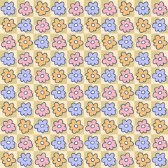 Groovy doodle flowers hippie aesthetic seamless pattern. Floral checkerboard print for fabric, paper, T-shirt. Funky doodle illustration for decor and design.