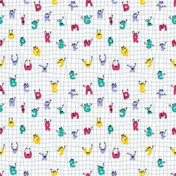 Alphabet letters with hands and eyes seamless pattern on grid distorted background. Perfect for T-shirt, textile and print. Doodle illustration for decor and design.