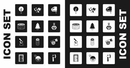 Set Electric jigsaw, Christmas tree, Tree stump, Grapple crane grabbed log, Wooden axe, Hand and and in icon. Vector