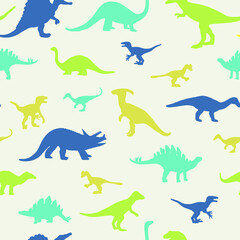 Set of dinosaurs silhouette seamless pattern colorful background
