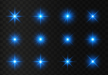 Set of glowing light stars on a transparent background. Transparent shining sun, star explodes and bright flash. Blue bright illustration starburst. 