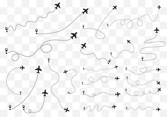 Airplane routes on transparent background. Romantic travel concept. Airplane line path, vector icon of air plane flight route on white background. Vector illustration.