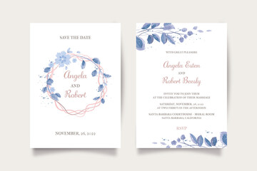 watercolor blue flowers wedding invitation card set