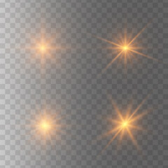 Set of glowing light stars on a transparent background. Transparent shining sun, star explodes and bright flash. Gold bright illustration starburst. 