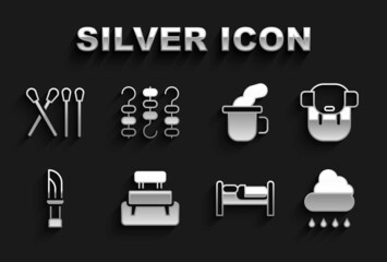 Set Bench, Hiking backpack, Cloud with rain, Bed, Knife, Cup of tea, Match stick and Grilled shish kebab on skewer icon. Vector