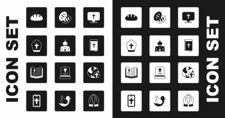 Set Location church building, Church, Pope hat, Christian bread, Holy bible book, cross with globe and icon. Vector