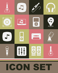 Set Guitar, Microphone, Location musical note, Audio jack, Laptop with, Stereo speaker, Balalaika and Music player icon. Vector