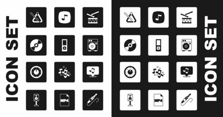 Set Drum with drum sticks, Music player, Vinyl disk, Triangle musical instrument, Guitar amplifier, note, tone, and Sound mixer controller icon. Vector