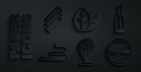 Set Tobacco leaf, Vape liquid bottle, Cigarette, No smoking, and rolling papers icon. Vector