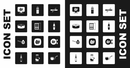 Set No smoking, Cigarette case, Ashtray, Tobacco leaf, Electronic cigarette, Vape mod device, shop and Burning match with fire icon. Vector