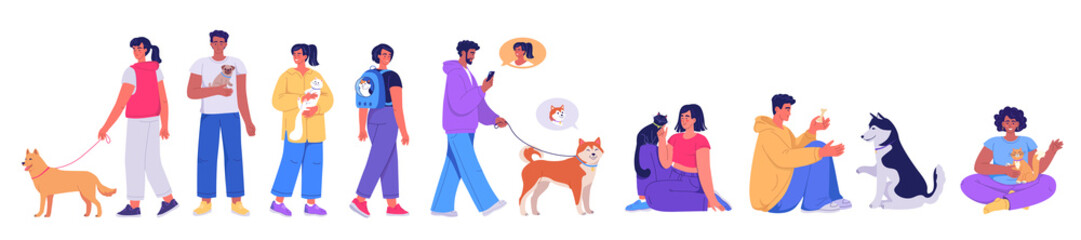 Happy young people playing and walking with their cute pets. Cartoon characters design