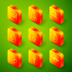 Set line Medical clipboard, Bottle of medicine syrup, Magnifying glass for search medical, First aid kit, Hand sanitizer bottle, prescription and Pipette icon. Vector