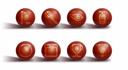 Set line Golf flag, Bowling ball, Punching bag, Award cup, Bathroom scales, Tennis racket, Billiard balls triangle and Whistle icon. Vector