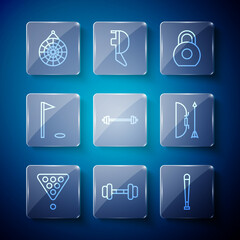 Set line Billiard balls in rack triangle, Dumbbell, Baseball bat, Kettlebell, Barbell, Golf flag, Classic dart board and Bow and arrow quiver icon. Vector