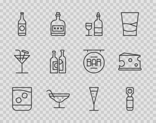 Set line Glass of whiskey, Bottle opener, Wine bottle with glass, Cocktail, Beer, Bottles wine, champagne and Cheese icon. Vector