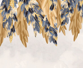 Fototapety  Abstract luxury art background with gold and blue watercolor feathers. Pattern for the design of invitations, packaging, weddings.