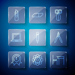 Set line Medal, Atom, School table and chair, Scissors, Pencil with eraser, Laptop, Stationery knife and Drawing compass icon. Vector