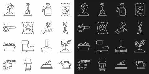 Set line Watering can, Plant, Gardening handmade scissors, sprayer for fertilizer, Pack full of seeds of plant, Leaf garden blower, Flower and Hand holding flower icon. Vector