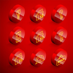 Set line House key, with dollar symbol, Online real estate house, check mark, wrong and Real message icon. Vector