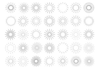 Sunburst set. Vintage sunrise collection.  Vector light rays elements. Firework explosion, stars, emblem, logo, tag. Vector Illustration 
