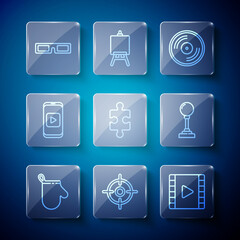 Set line Oven glove, Target sport, Play Video, Vinyl disk, Piece of puzzle, Online play video, Cinema glasses and Joystick for arcade machine icon. Vector