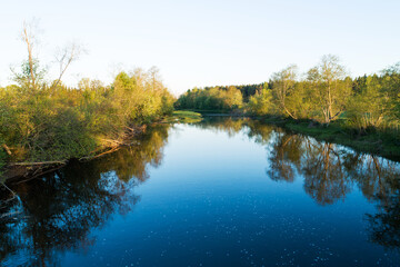 High angle view to a beautiful river landscape on a late spring morning in Estonia, Northern Europe	