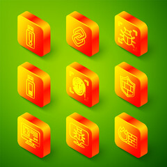 Set line USB flash drive, Chain link, System bug, Fingerprint, Shield with brick wall, Create account screen and icon. Vector