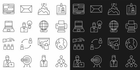 Set line Hierarchy organogram chart, Earth globe, Printer, Mountains with flag, Human lamp bulb, Laptop, Chat messages on laptop and Worldwide icon. Vector
