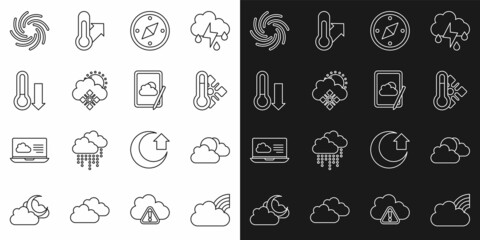 Set line Rainbow with clouds, Sun and weather, Meteorology thermometer, Compass, Cloud snow sun, Tornado and Weather forecast icon. Vector