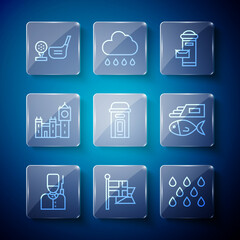 Set line British soldier, England flag on flagpole, Water drop, London mail box, phone booth, Big Ben tower, Golf club with ball tee and Fish chips icon. Vector