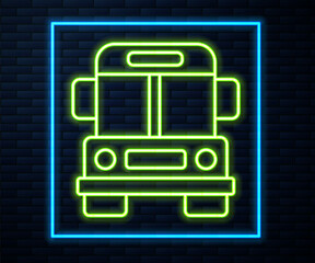 Glowing neon line School Bus icon isolated on brick wall background. Public transportation symbol. Vector