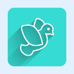 White line Dove icon isolated with long shadow. Green square button. Vector