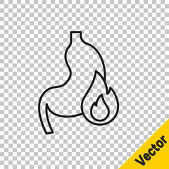 Black line Stomach heartburn icon isolated on transparent background. Stomach burn. Gastritis and acid reflux, indigestion and stomach pain problems. Vector - obrazy, fototapety, plakaty
