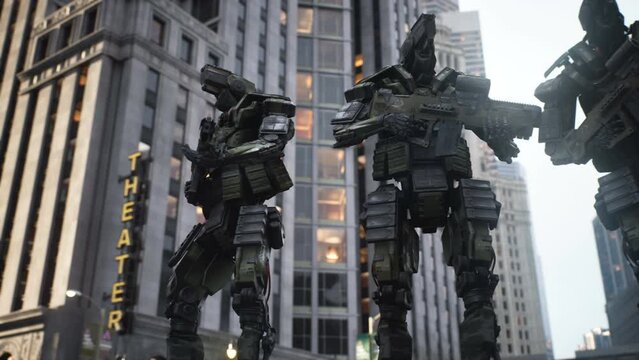 Cyborg guards on the guard of law and order in a modern city. A technological city of the future, guarded by robots. The animation is perfect for futuristic, fiction, cyber and sci-fi backgrounds