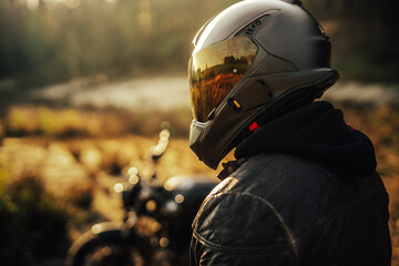 biker with helmet and leather jacket with his bike in the background - obrazy, fototapety, plakaty