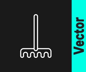White line Garden rake icon isolated on black background. Tool for horticulture, agriculture, farming. Ground cultivator. Housekeeping equipment. Vector
