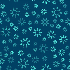 Green line Sun icon isolated seamless pattern on blue background. Vector