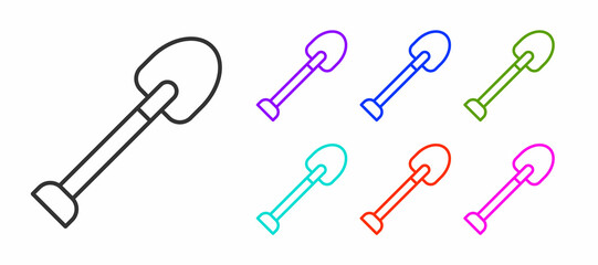 Black line Shovel icon isolated on white background. Gardening tool. Tool for horticulture, agriculture, farming. Set icons colorful. Vector