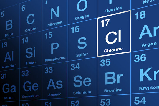 Chlorine on periodic table of the elements. Chemical element and halogen with symbol Cl and atomic number 17. Toxic as a gas, but in form of chloride ions it is necessary to all known species of life.