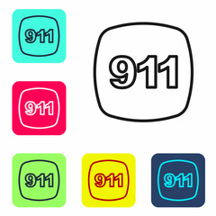 Black line Telephone with emergency call 911 icon isolated on white background. Police, ambulance, fire department, call, phone. Set icons in color square buttons. Vector