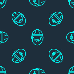 Green line Bearded lumberjack man icon isolated seamless pattern on blue background. Vector