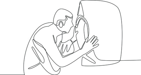 Continuous one line drawing Hajj pilgrim kissing the Black Stone (Hajar al-Aswad) of Kaaba. Hajj and umrah concept. Single line draw design vector graphic illustration.	